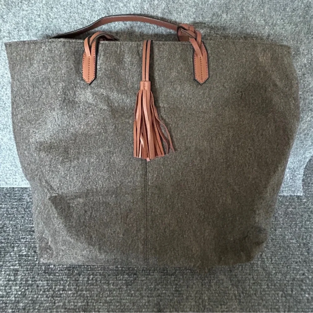 Grey Felt Tote Bag with Brown Faux Leather Trim and Tassel Detail Large Carryall